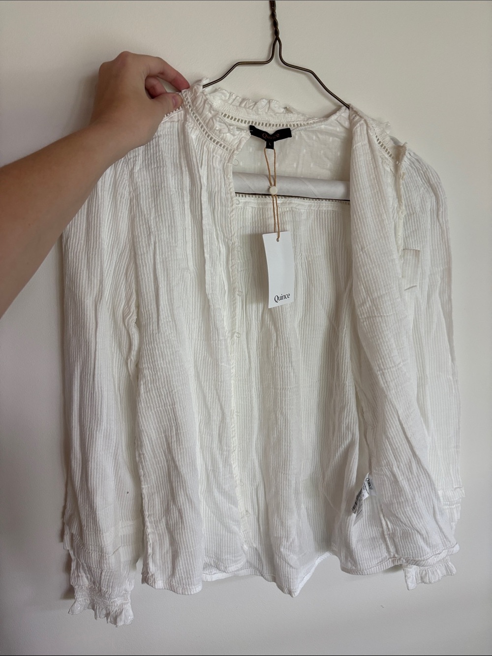 Quince White Textured Lace-Trim Peasant Blouse